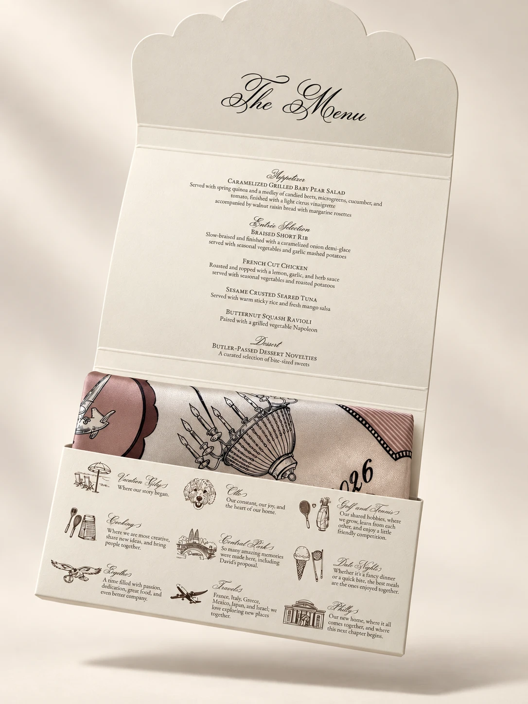 Fully custom scarf display envelope designed as a menu, with an area to tuck the scarf and a glossary of the icons featured on the scarf