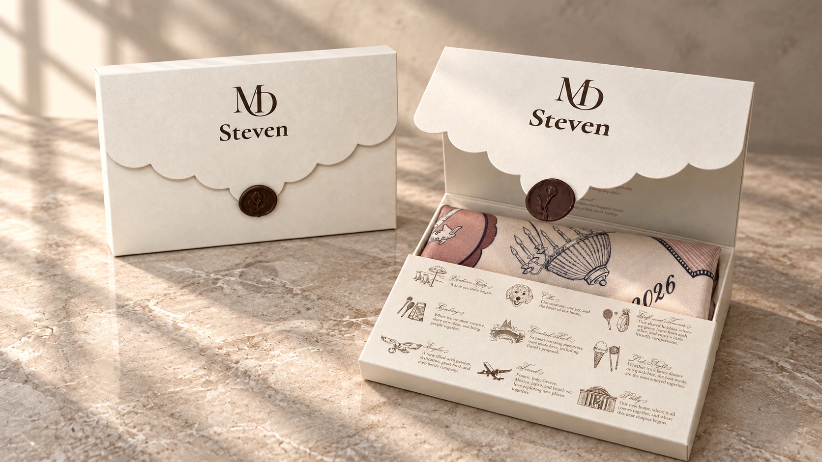 Two scalloped scarf display envelope boxes with wax seals — one closed, one open revealing a custom illustrated silk scarf and an icon glossary