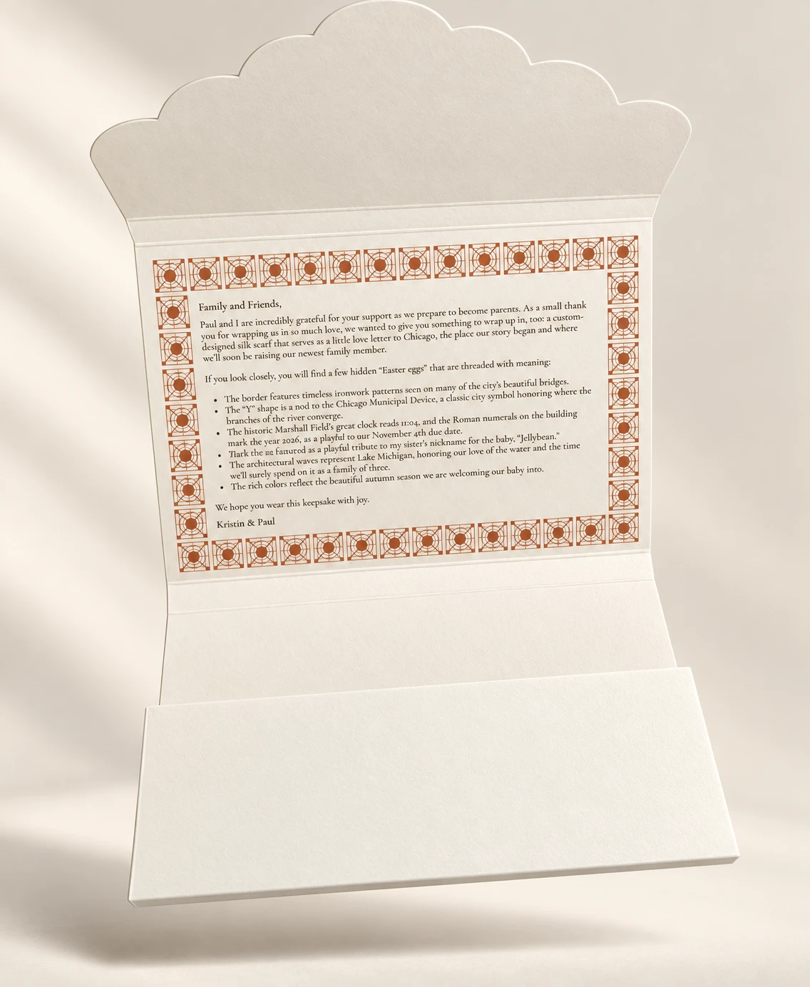 Semi-custom scarf display envelope with a clear single overlay reading Family and Friends