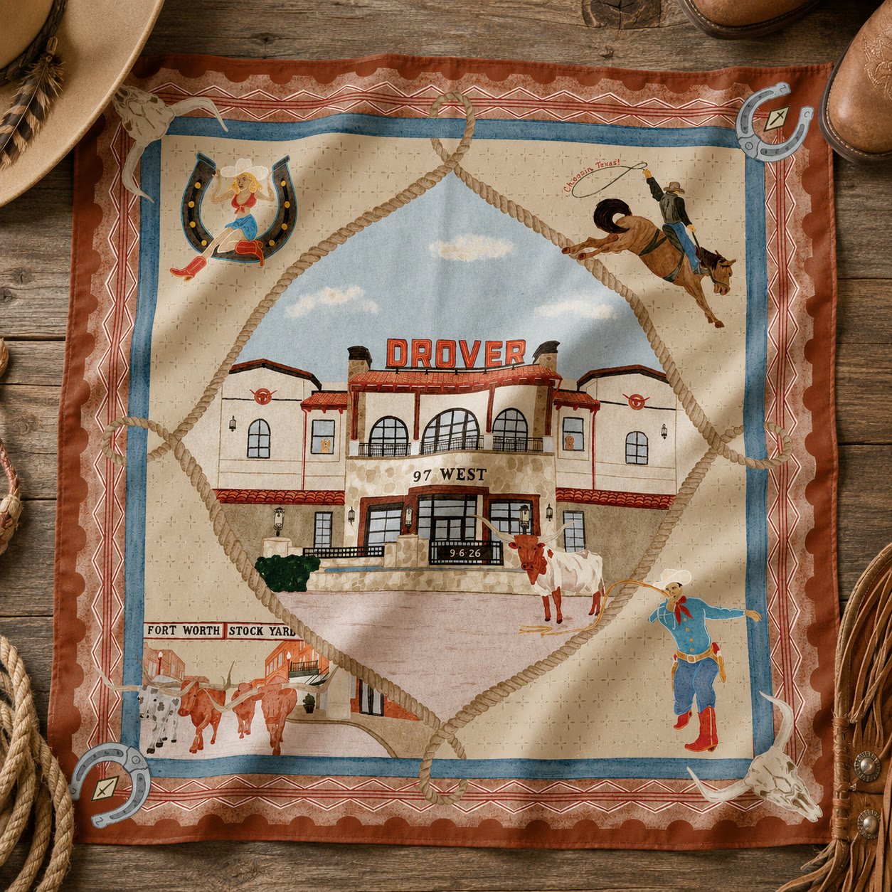 Meet Me At The Drover Hero-style silk scarf